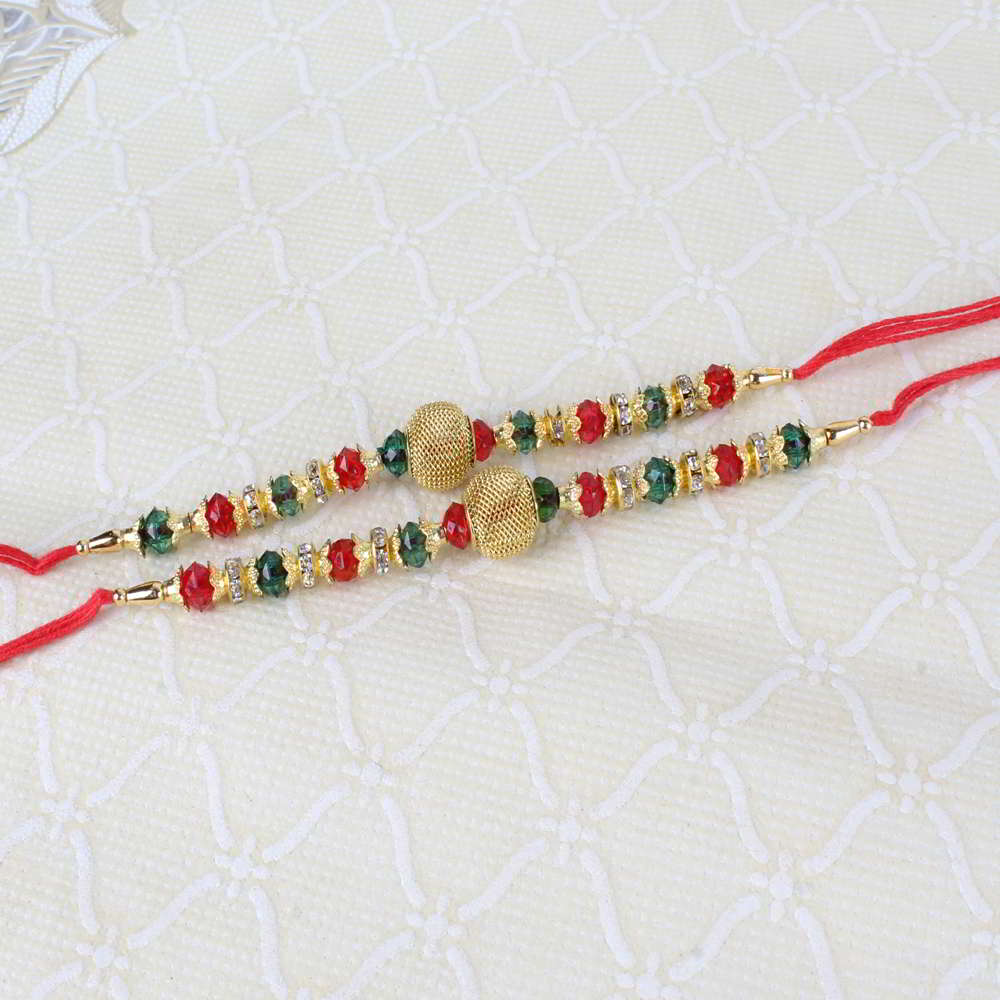 Two Golden and Colorful Beads Rakhi Thread
