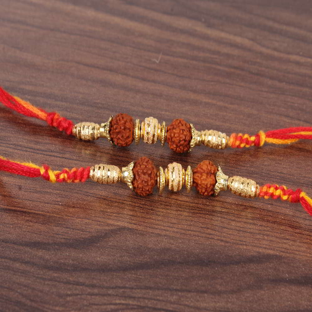 Pair of Two Golden Beads with Rudraksha Rakhi - UAE