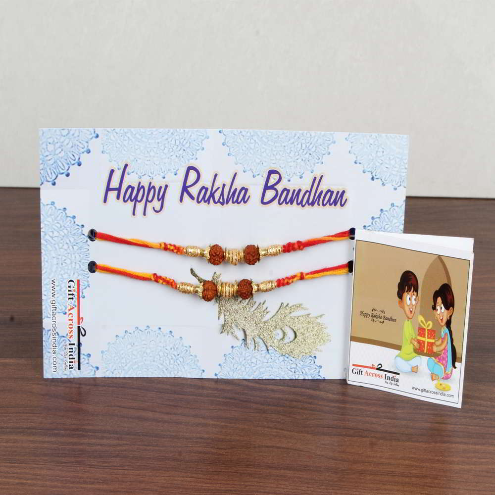 Pair of Two Golden Beads with Rudraksha Rakhi