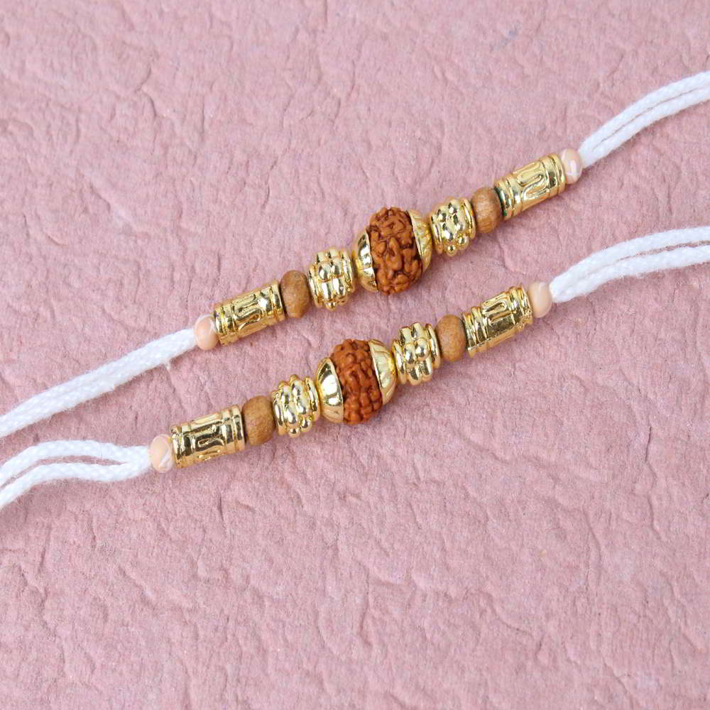 Twin Wooden and Golden Beads with Rudraksha Rakhi