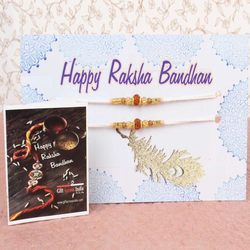 Twin Wooden and Golden Beads with Rudraksha Rakhi