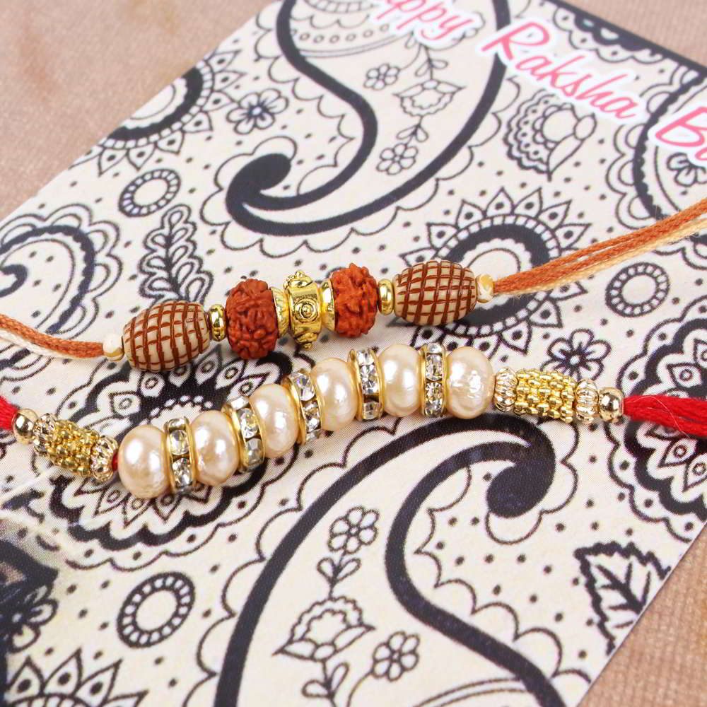 Combination of Rudraksha and Pearl Beads Rakhi