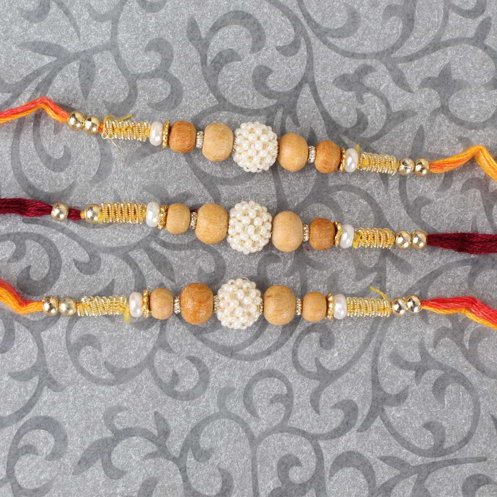 Three Pearl Rhinestone and Wooden Beads Rakhi