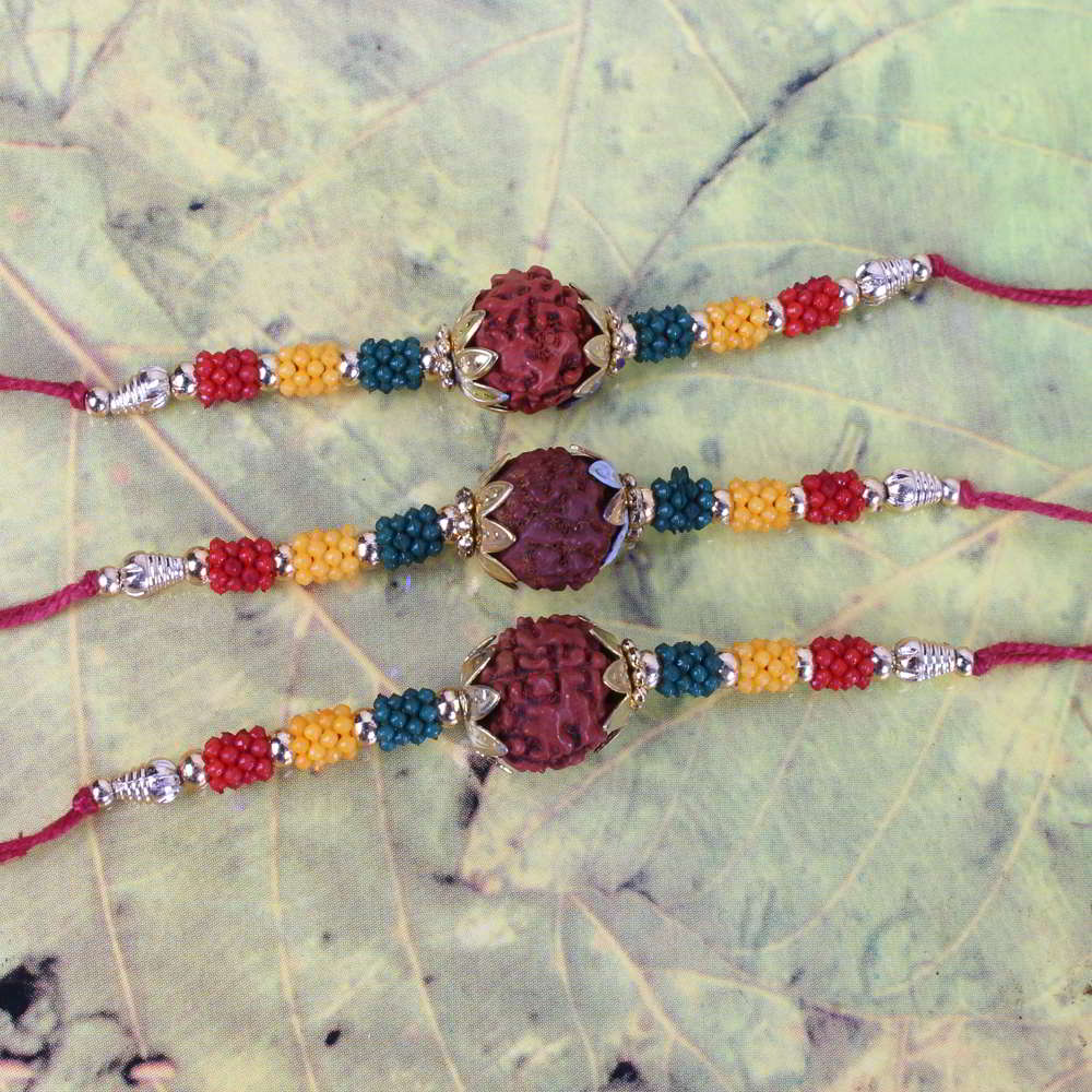 Set of Three Mauli Color Beads with Rudraksha Rakhis