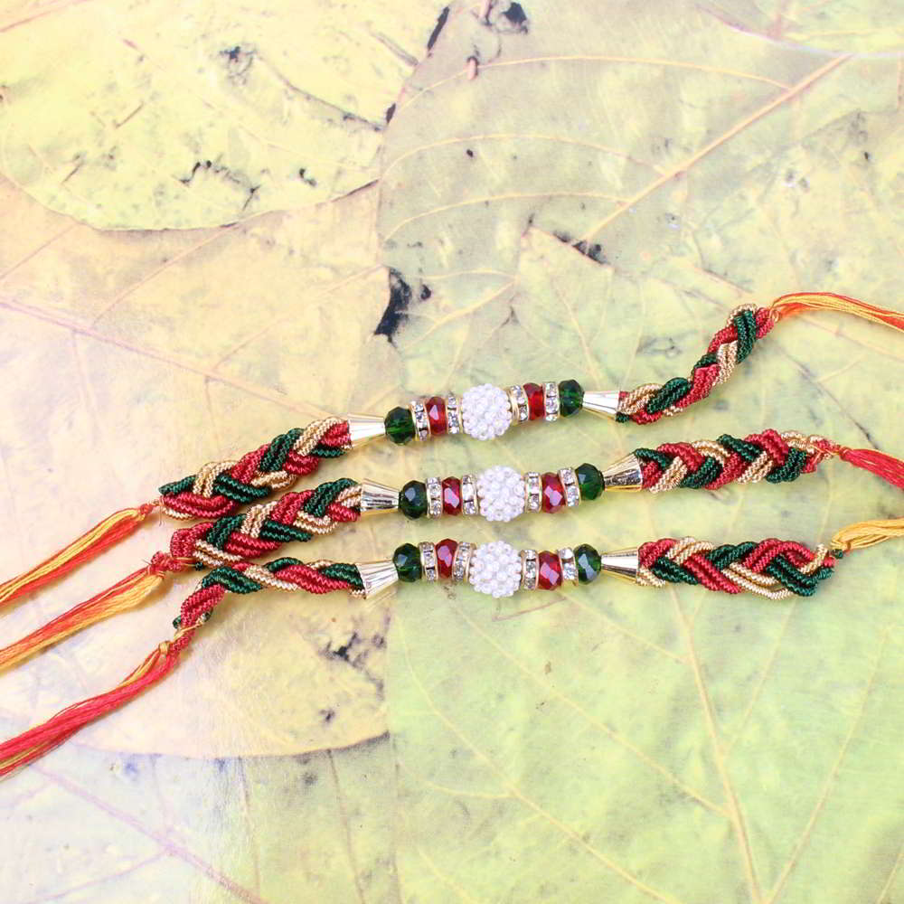 Colorful Zardosi Work and Beads Three Rakhis