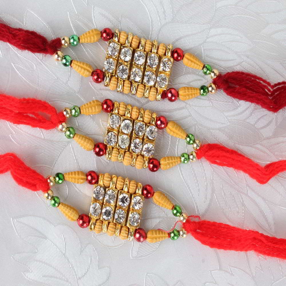 Three Diamond Work with Wooden Color Beads Rakhi