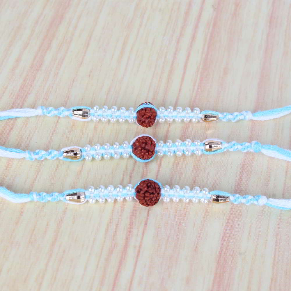 Three Rudraksha with Tiny Pearl Beads Rakhis