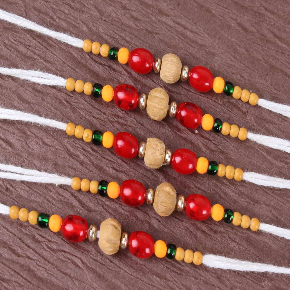 Wooden and Mauli Color Beads Five Rakhi Threads