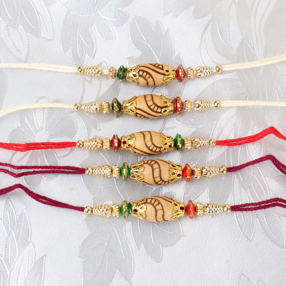 Designer Wooden Beads Dial Five Rakhis