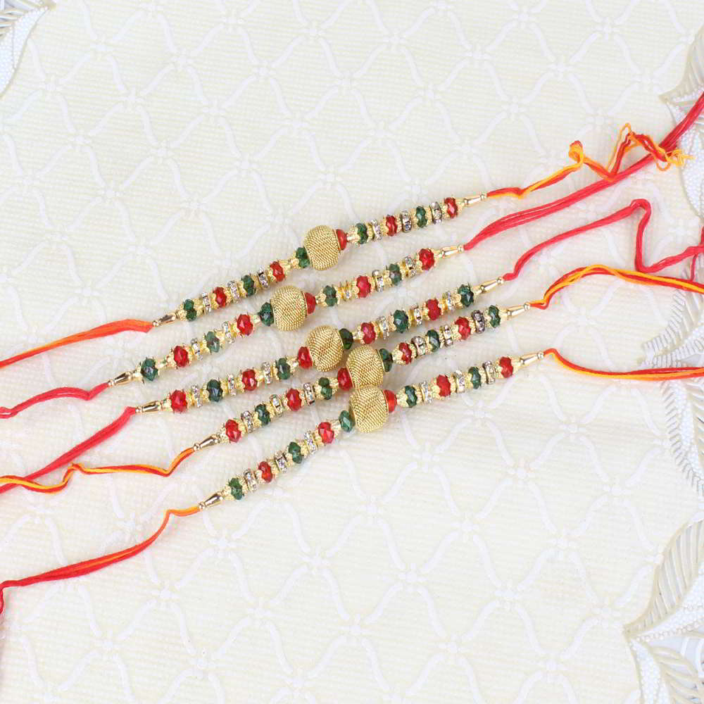 Five Golden and Colorful Beads Rakhi Thread