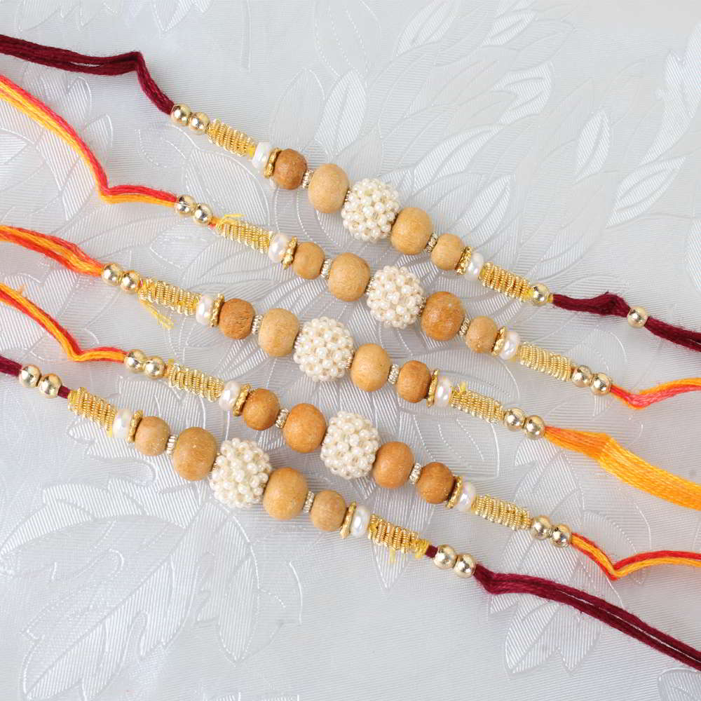 Five Pearl Rhinestone and Wooden Beads Rakhi