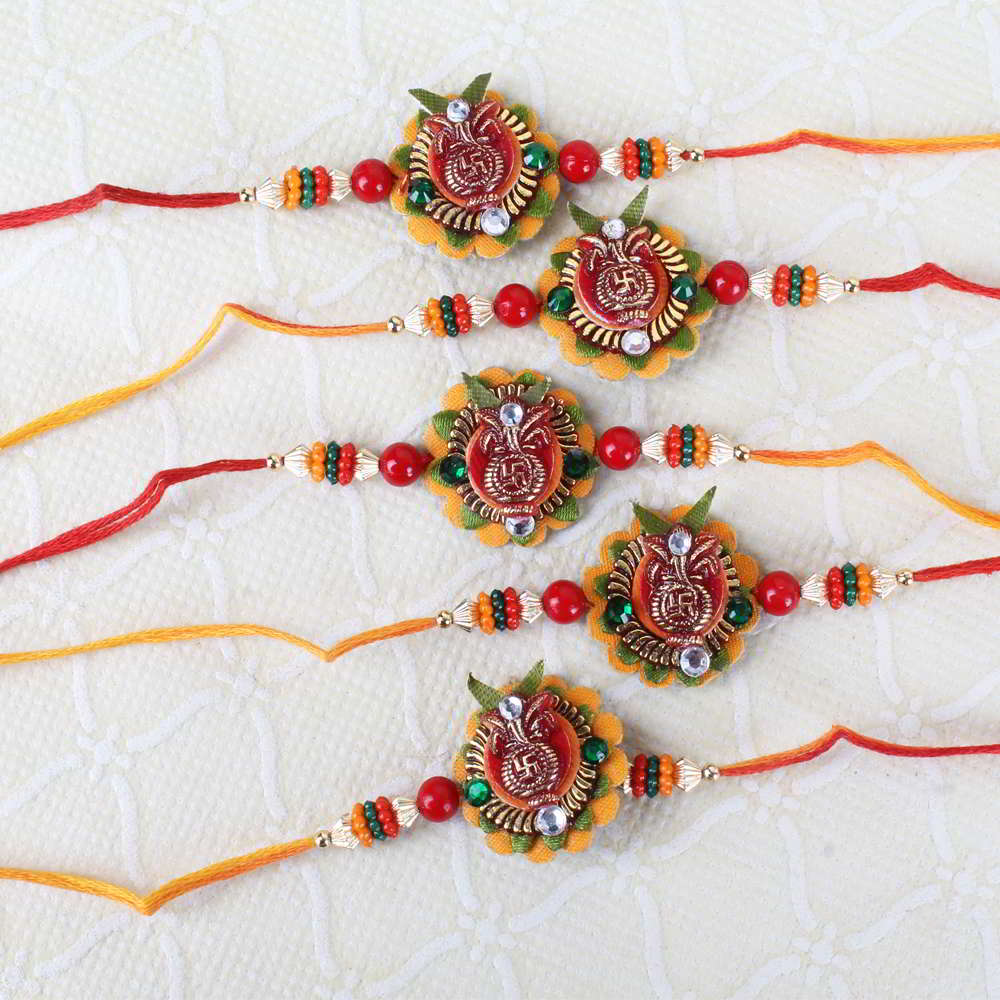 Set of Five Swastika Kalash Floral Rakhi