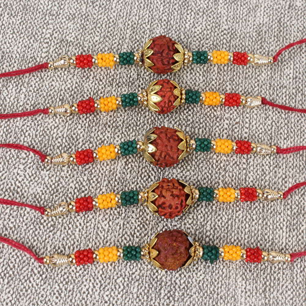 Mauli Color Beads with Rudraksha Rakhi Set of 5 Threads