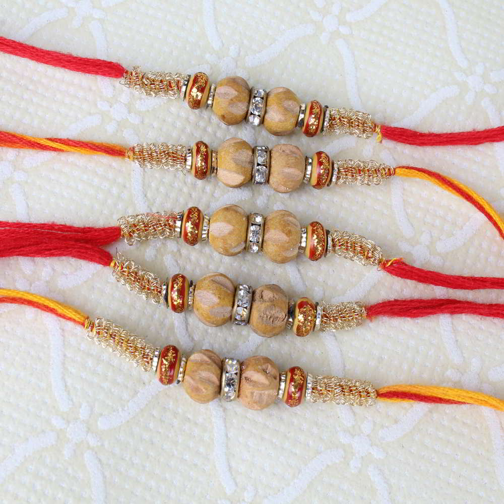 Set of Five Wood and Diamond Ring Rakhi