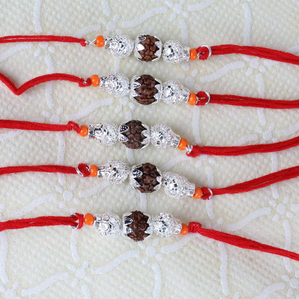 Five Silver Shiny Rudraksha Rakhi