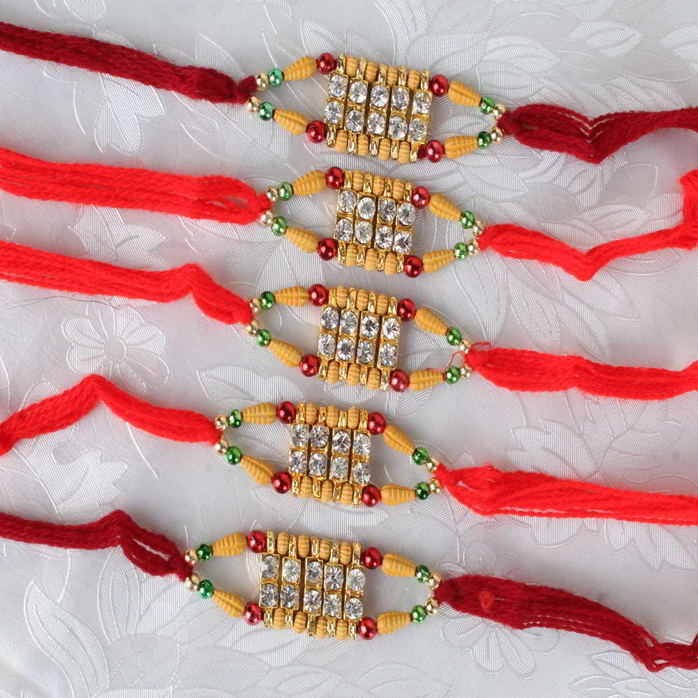 Five Diamond Work with Wooden Color Beads Rakhi