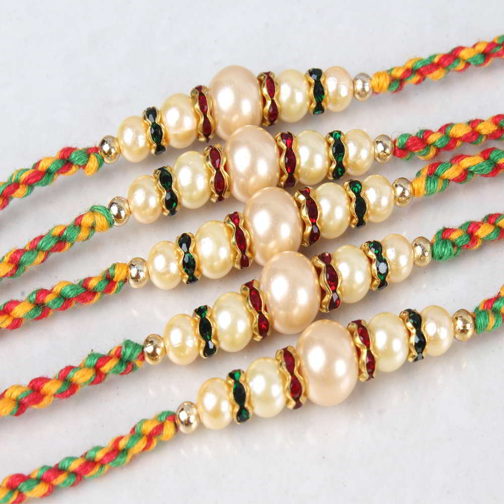 Designer Set of Five Pearl Beads Rakhi