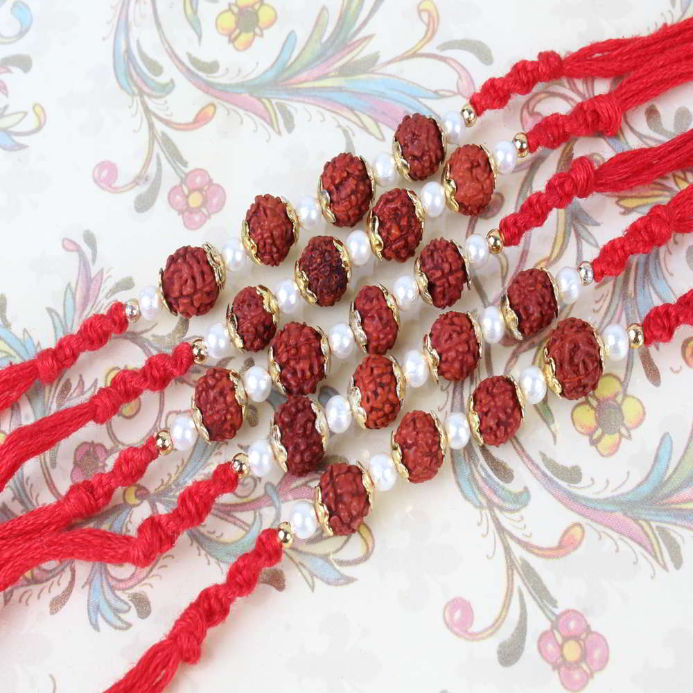 Pack of Five Rudraksha and Pearl Beads Rakhi