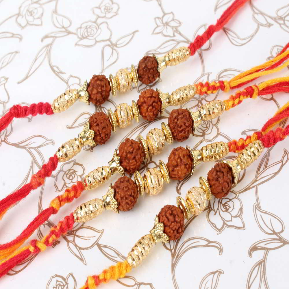 Premium Set of Five Golden Beads with Rudraksha Rakhi