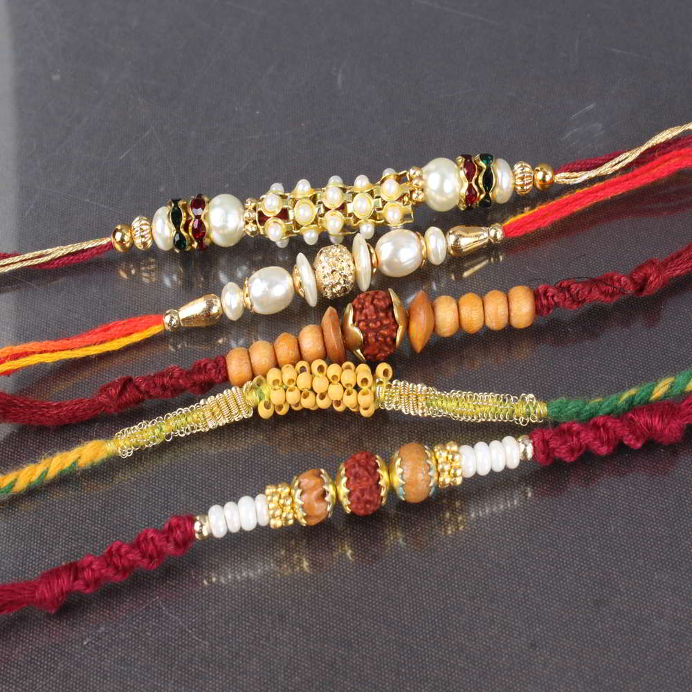 Thread Pack of Five Pearl and Wooden Sphere Rakhi-USA