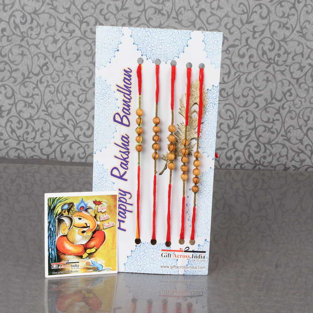 Five Set of Round Shape Wooden Beads Rakhi