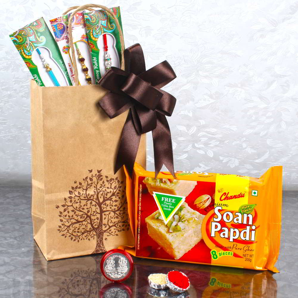 3 Designer Rakhis with Laxmi Ganesh Coin and Soan Papdi - Canada