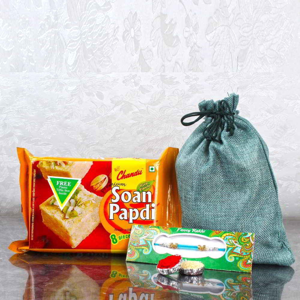 Rakhi Gift Potli of Soan Papdi and Kumkum Chawal-Worldwide