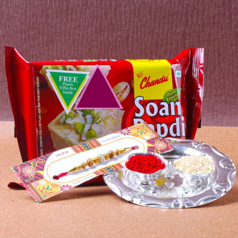 Small Shiny Rakhi Thali with Soan Papadi - UK