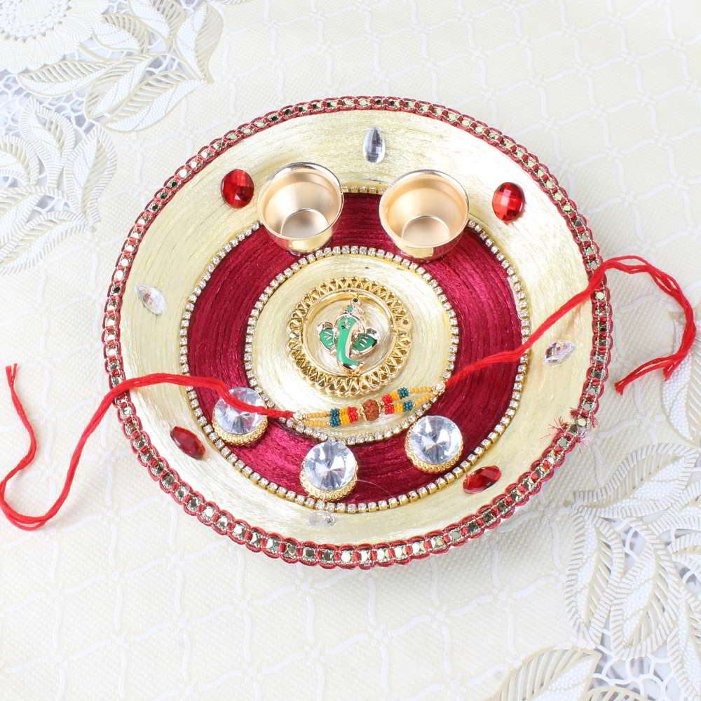 Ganesha Mukh Diamond Designer Puja Thali with Rakhi