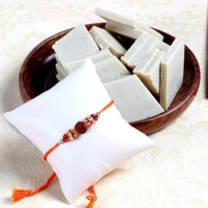 Rudraksh Work Rakhi with Kaju Katli