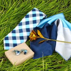 Gold Plated Rose with Polyester Tie Cufflinks and Handerchief