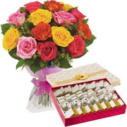 Navratri  - Bouquet of 15 Mix Roses with Assorted Sweet Box