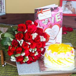 Valentine Flowers with Cake - Pineapple Cake with Love Greeting Card and Red Roses Bouquet