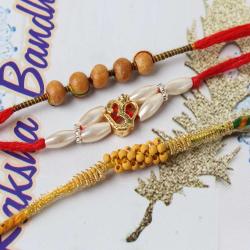 Set Of 3 Rakhis - Impressive Om and Wooden Beads Rakhi