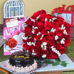 Valentine Flowers with Greeting Cards - Chocolate Cake with Red Roses Bouquet and Love Greeting Card