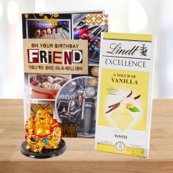 Send Laughing Buddha and Lindt Excellence Chocolate with Birthday Card For Friend To Jamnagar