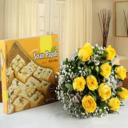 Send Birthday Gift Tissue Wrapped Yellow Roses with Soan Papdi Box To Surat