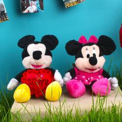 Rakhi Funny Gifts - Mickey and Minnie Mouse Soft Toy with Red Love Heart
