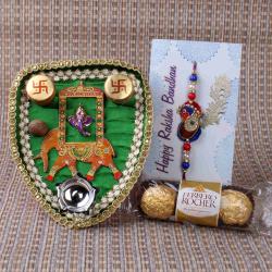 Rakhi Gifts for Brother - Ganesha Puja Thali with Designer Rakhi and Ferrero Rocher Chocolate