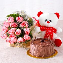 Bhai Dooj Return Gifts for Sister - Fifteen Pink Roses with Chocolate Cake and Soft Toy