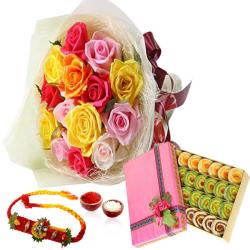 Rakhi With Flowers - Rainbow Color Roses and Sweet with Rakhi