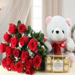 Valentine Fresh Flower Hampers - Valentines Day  Gift of Teddy Bear with Ferrero Rocher Chocolate and Red Roses Bouquet