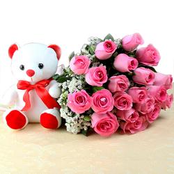 Cakes and Soft Toys - Exclusive Bunch of Pink Roses with Small Teddy Bear