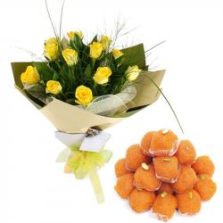 Motichur Laddu With Yellow Roses