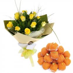 Valentine Flowers with Sweets - Motichur Laddu With Yellow Roses