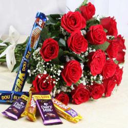 Missing You Gifts for Her - Exotic Red Roses Bouquet with Assorted Chocolate Bars