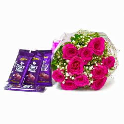 Chocolate with Flowers - Bunch of Ten Pink Roses with Five Cadbury Dairy Milk Chocolate Bars
