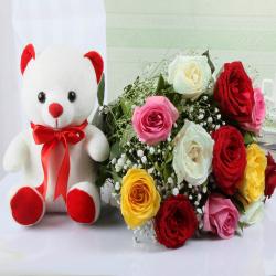Anniversary Gifts for Sister - Cuddly Teddy Bear and Roses Bouquet