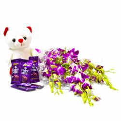 Cakes and Soft Toys - Purple Orchids with Teddy and Cadbury Dairy Milk Chocolate Bars