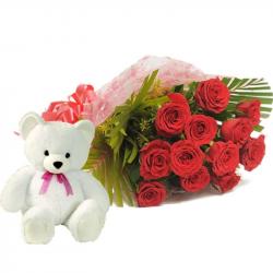 Valentine Flowers with Teddy Soft Toy - Special Hug Hamper For Your Sweet Heart